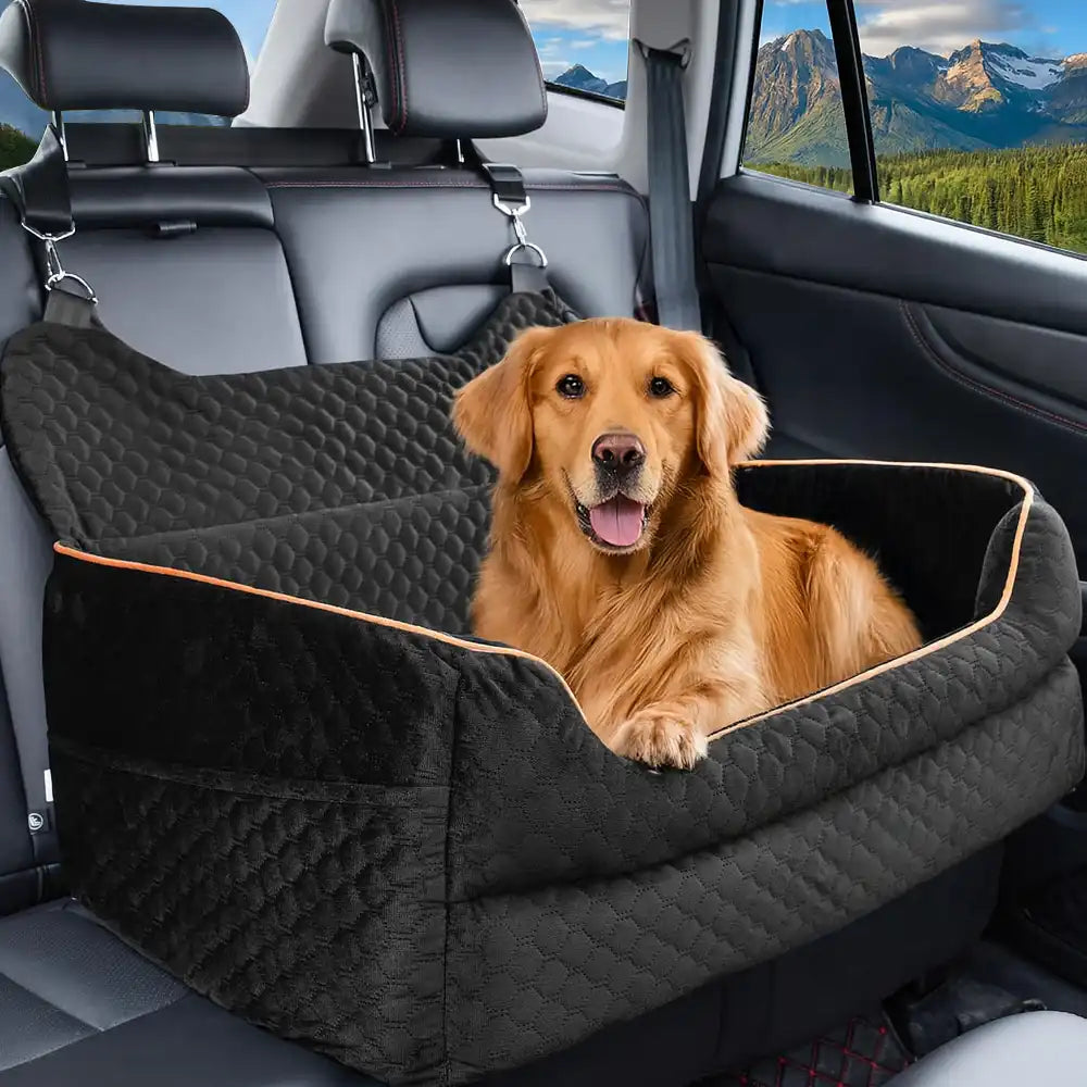 Comfortable dog car seat, washable cover, booster bed for back seat pet safety and travel