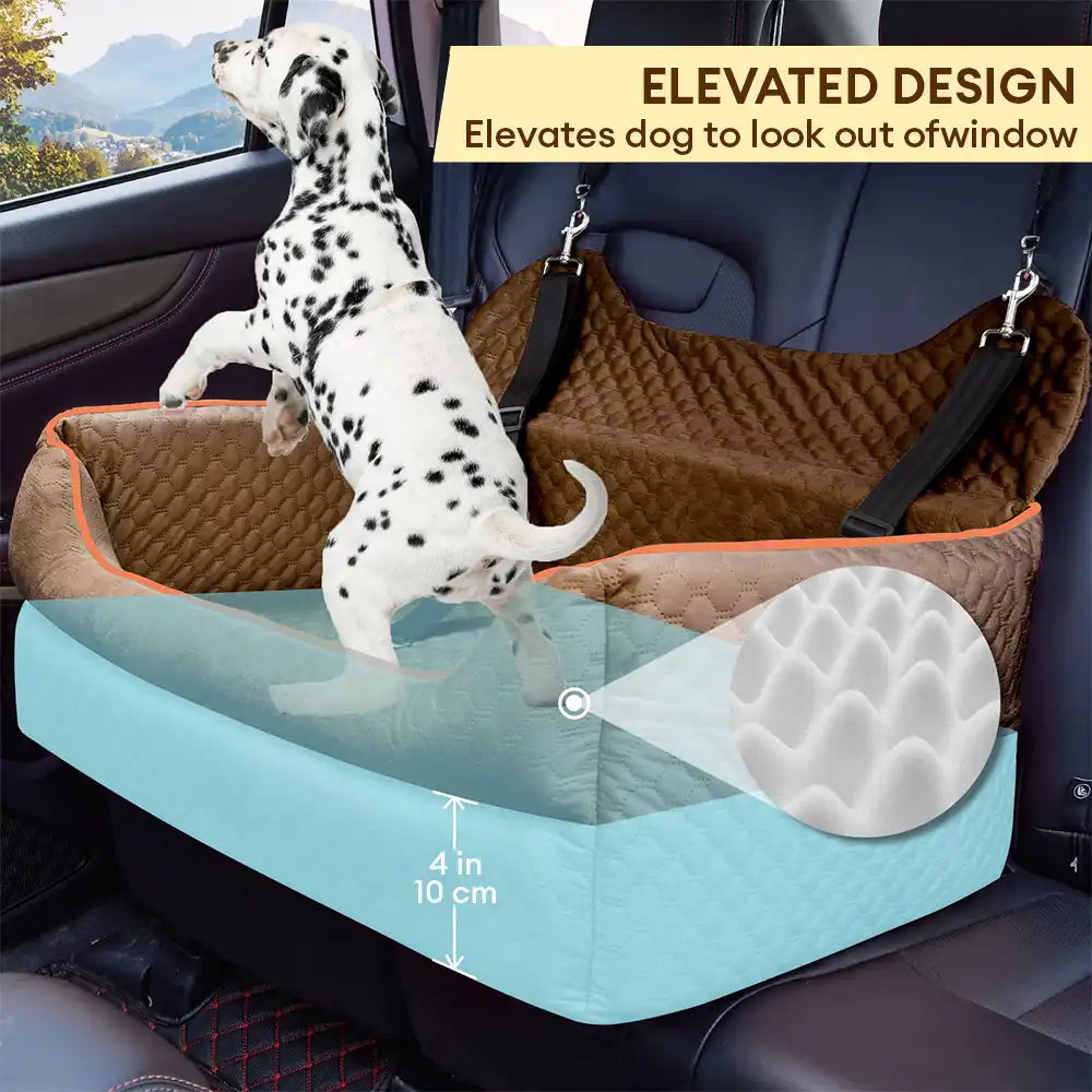Portable dog car seat for back seat, booster bed with removable washable cover, pet safety accessory