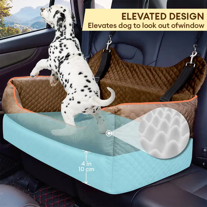 Portable dog car seat for back seat, booster bed with removable washable cover, pet safety accessory