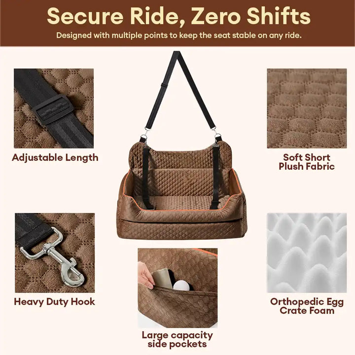 Tan memory foam dog car seat, washable, designed for back seat pet travel safety, comfortable booster