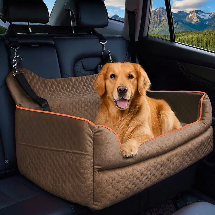 Pet travel booster seat with durable washable cover, secure for dog back seat safety, easy install