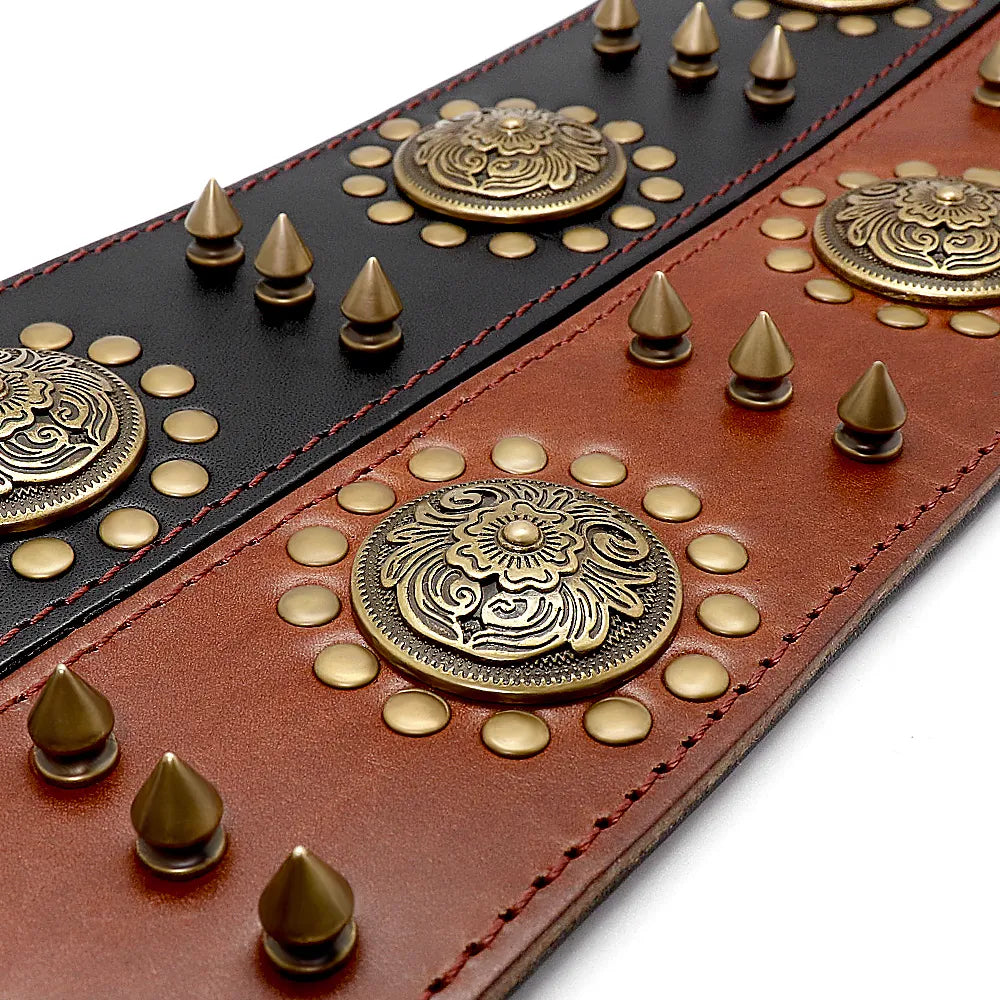 Handcrafted large leather dog collar with artistic rivet placement and antique metal accents