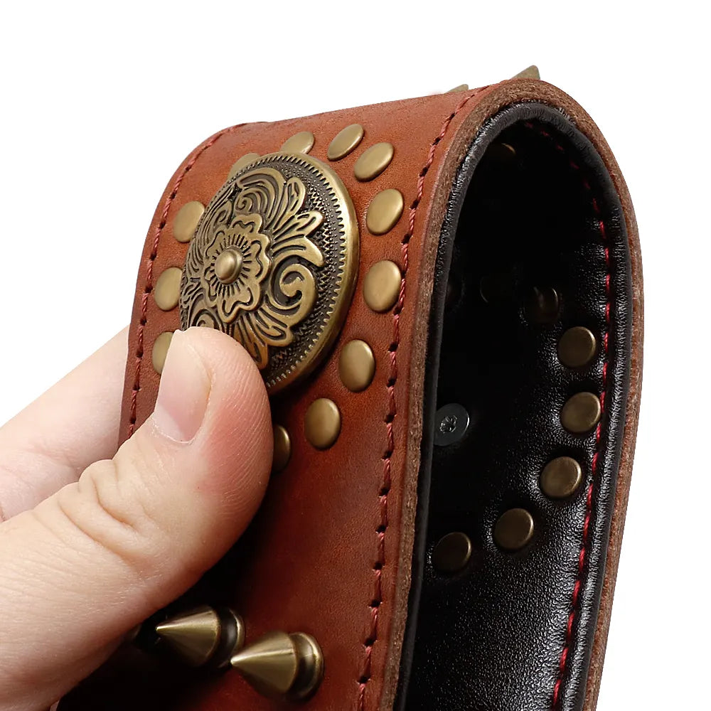 Premium large dog collar, crafted from thick leather with decorative rivets and metal rings
