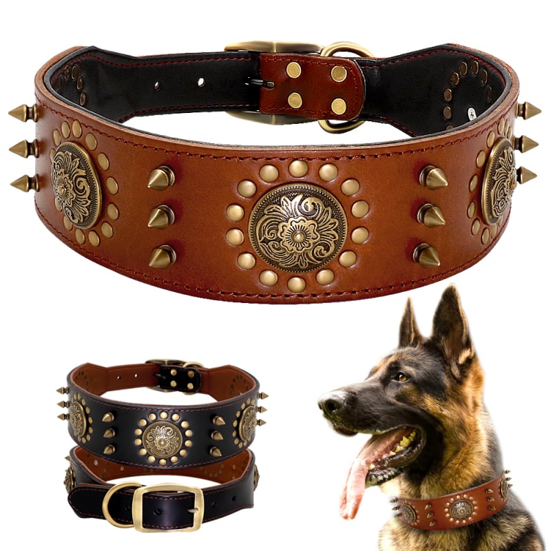 High-quality leather dog collar with intricate rivet and metal accents, designed for large dogs