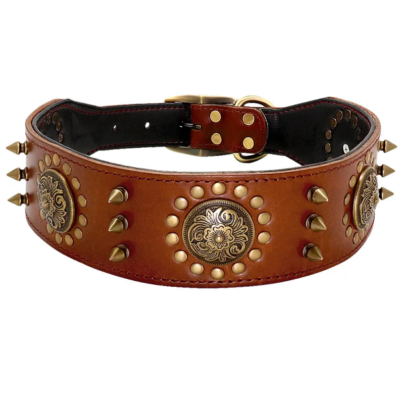 Stylish large dog collar in genuine leather, showcasing bold rivets and shiny metal accents