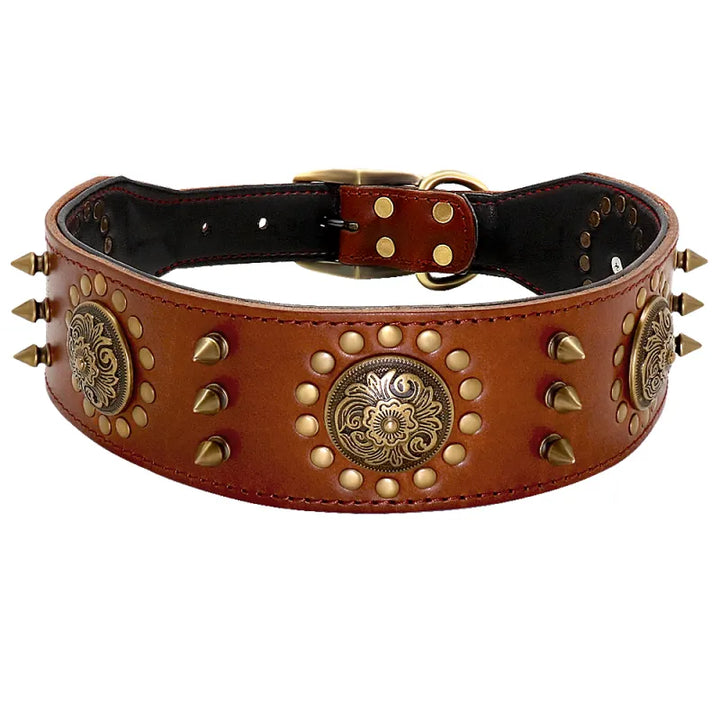 Stylish large dog collar in genuine leather, showcasing bold rivets and shiny metal accents