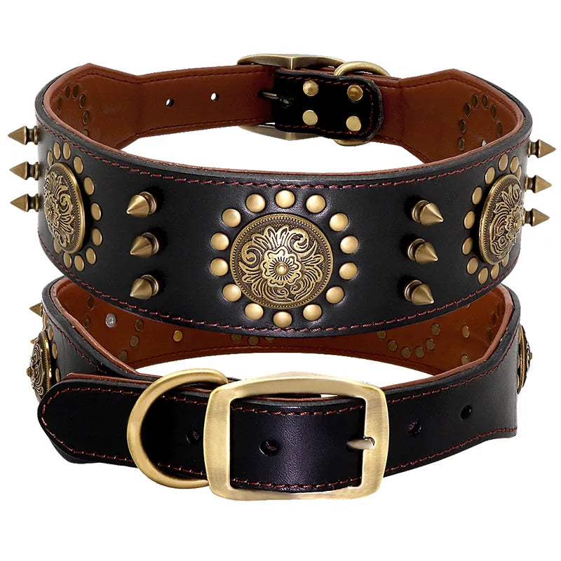 Secure leather dog collar for large canines, enhanced with rugged rivets and polished metalwork