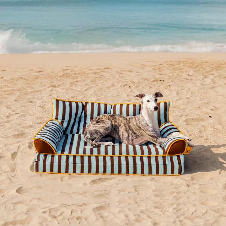 Large dog sofa bed, waterproof, foldable, grey striped design for ultimate pet comfort.