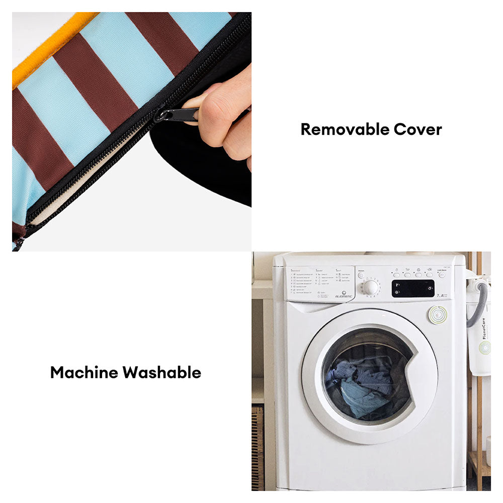 Waterproof dog bed with foldable feature, striped, ensuring easy transport and pet comfort.