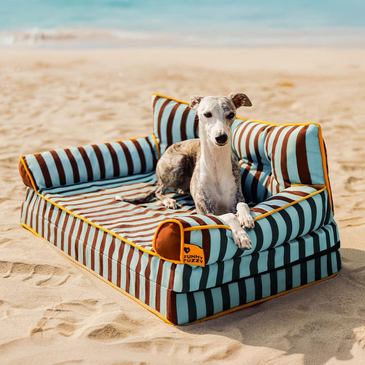 Striped dog sofa bed, waterproof, foldable, ideal for pet owners seeking easy-to-clean bedding.