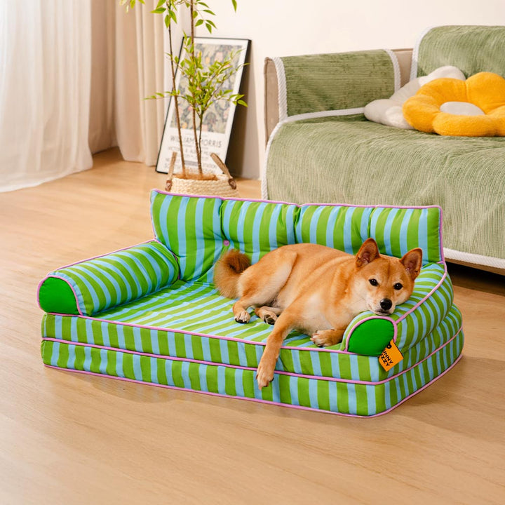 Foldable dog bed, waterproof, striped, a versatile pet accessory for various living spaces.