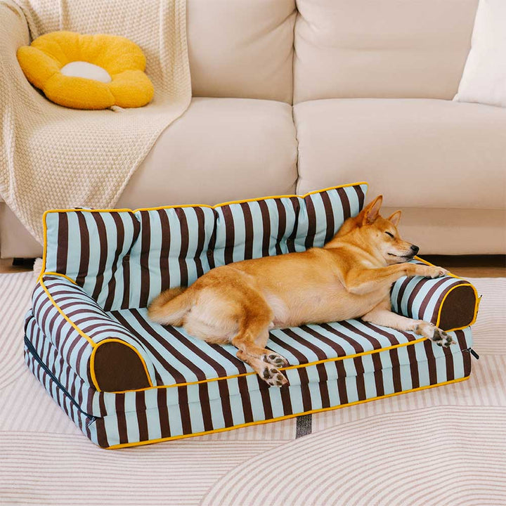 Waterproof, foldable dog bed, striped, providing a comfortable and secure space for pets.