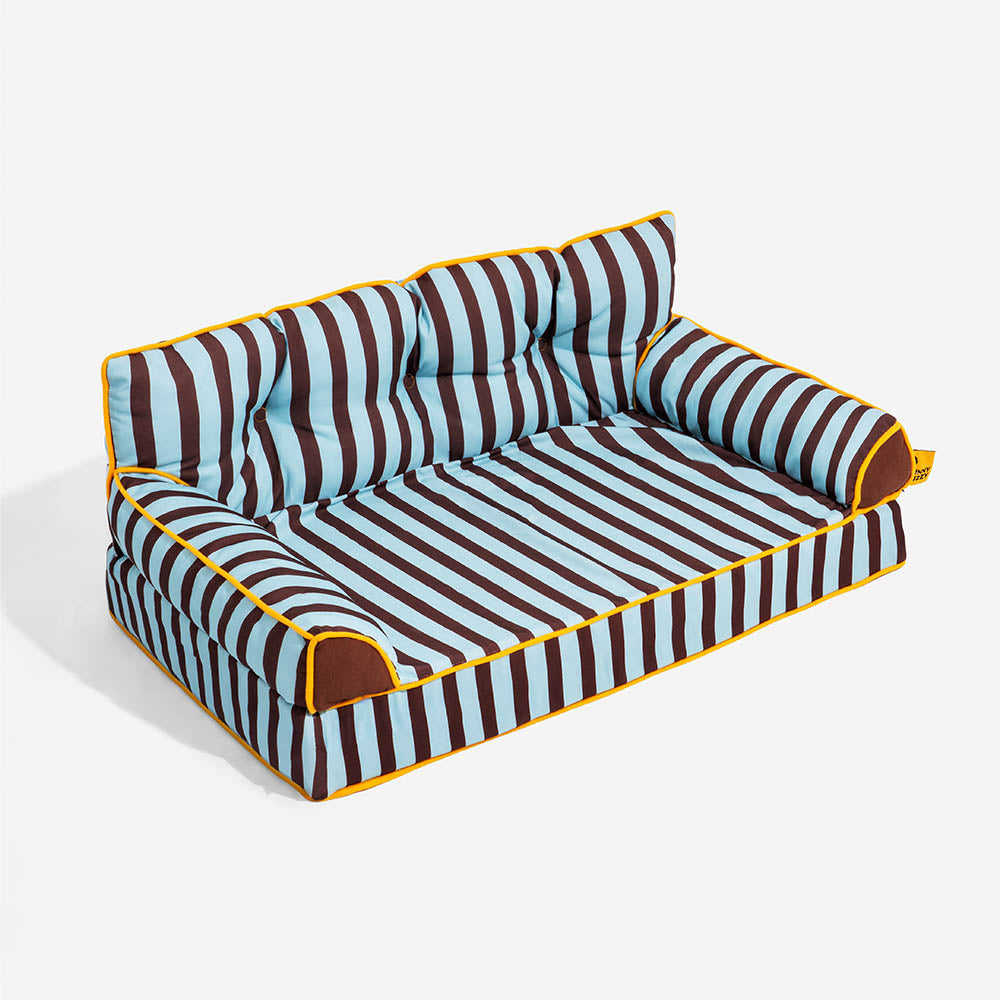 Durable waterproof dog bed, foldable striped design, ideal for an active pet's recovery.
