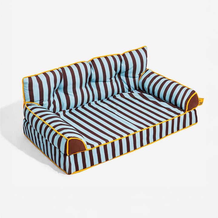 Durable waterproof dog bed, foldable striped design, ideal for an active pet's recovery.