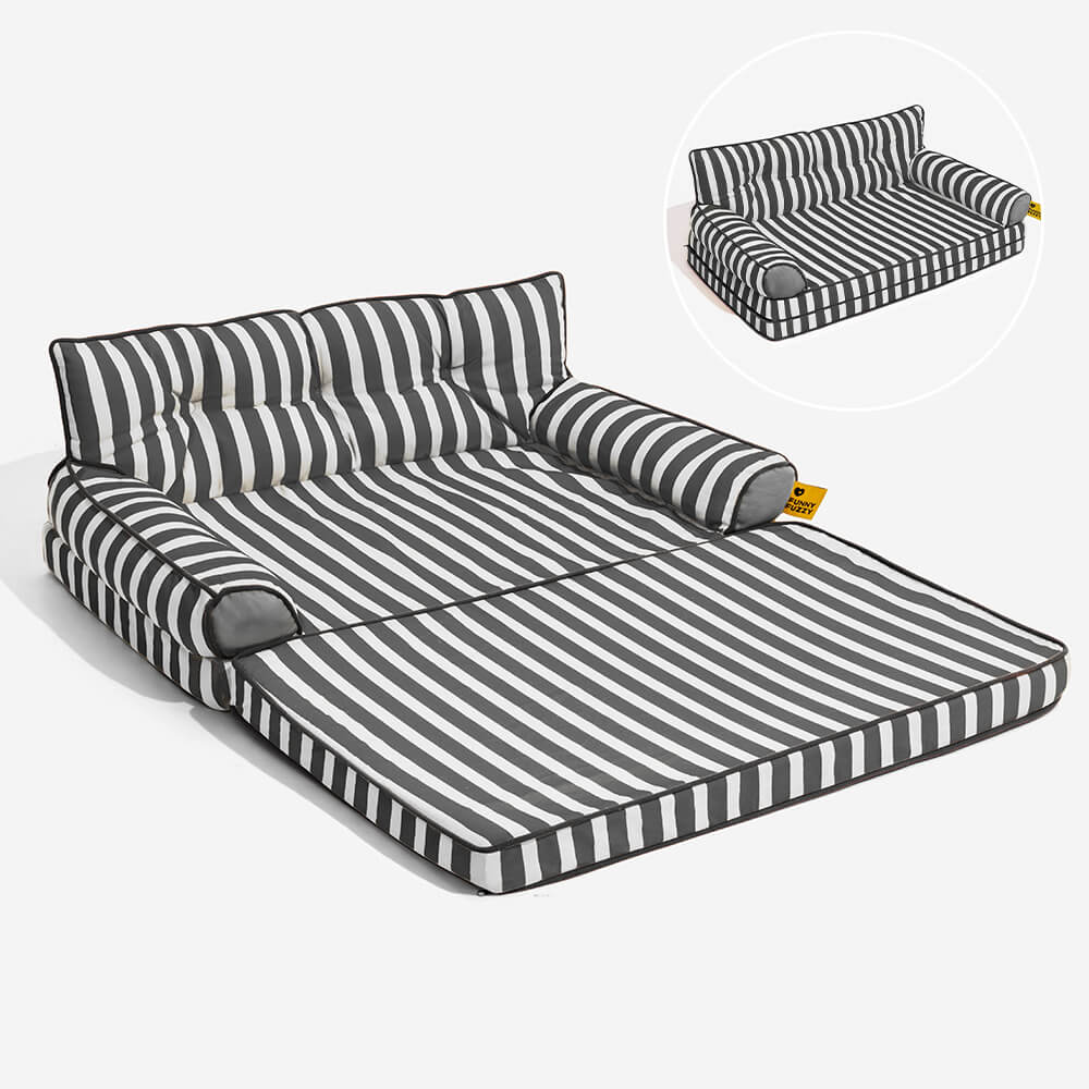Striped, comfortable dog bed, waterproof and foldable, perfect for indoor and travel use.