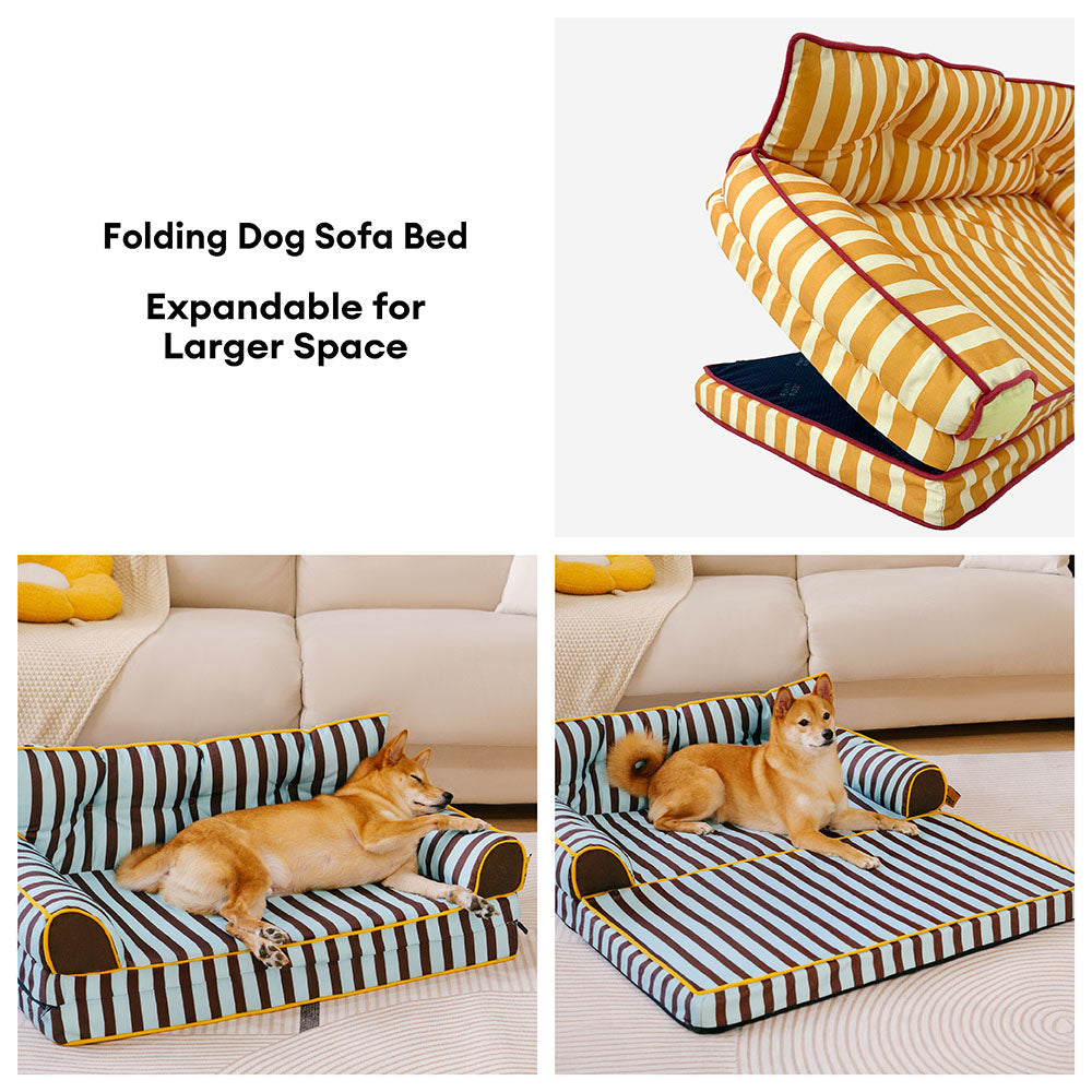 Durable pet sofa bed for dogs, waterproof and foldable, featuring a stylish striped pattern.