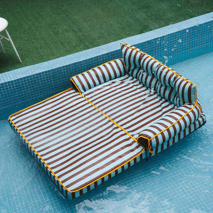 Washable dog sofa bed, waterproof and foldable, striped, providing a cozy spot for large dogs.