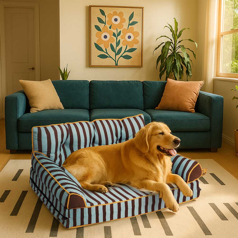 Puppy waterproof sofa bed, foldable, striped design, perfect for pet comfort and portability.
