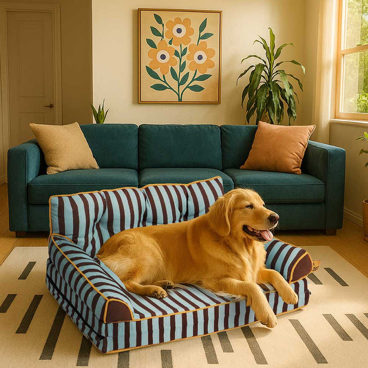 Puppy waterproof sofa bed, foldable, striped design, perfect for pet comfort and portability.