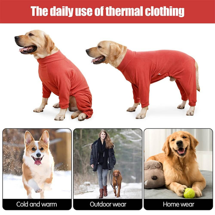 Large breed dog with head resting in comfortable fleece pajamas, warm pet apparel