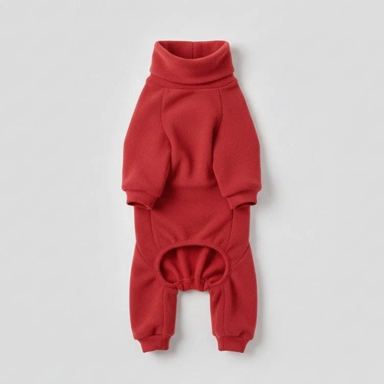 Zoomed shot of elastic cuff on fleece dog pajamas, snug fit for warm pet sleepwear