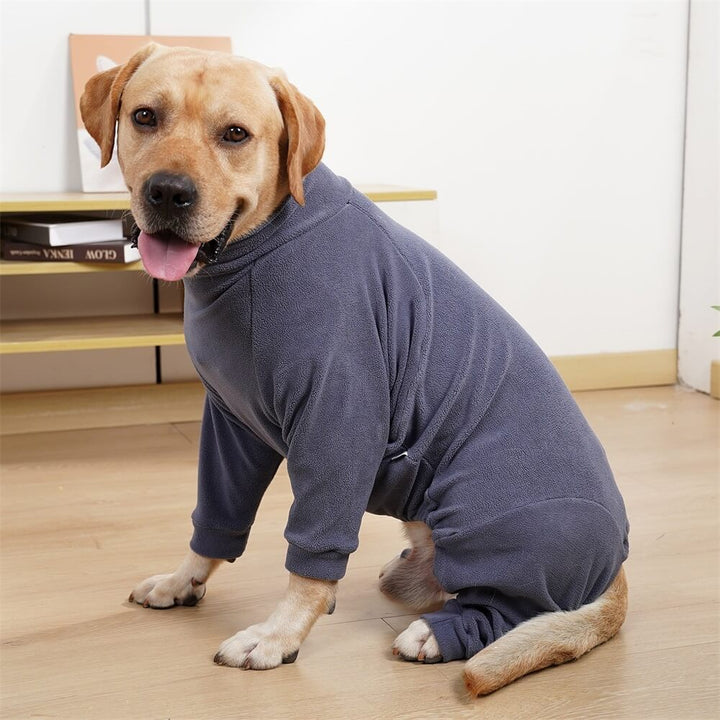 Three large dogs together in assorted fleece pajamas, group pet sleepwear for winter