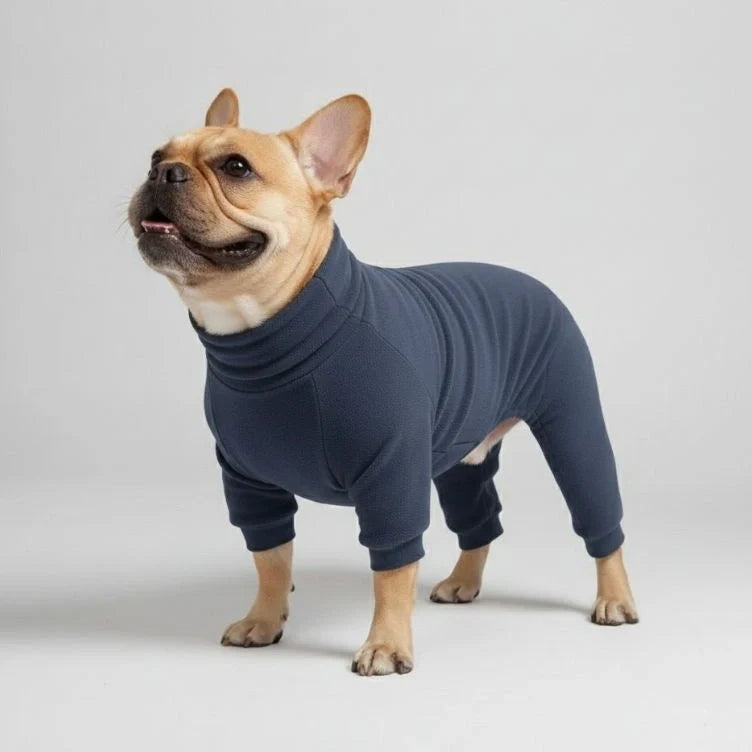 Side view of large dog in grey fleece dog pajamas, warm winter pet apparel
