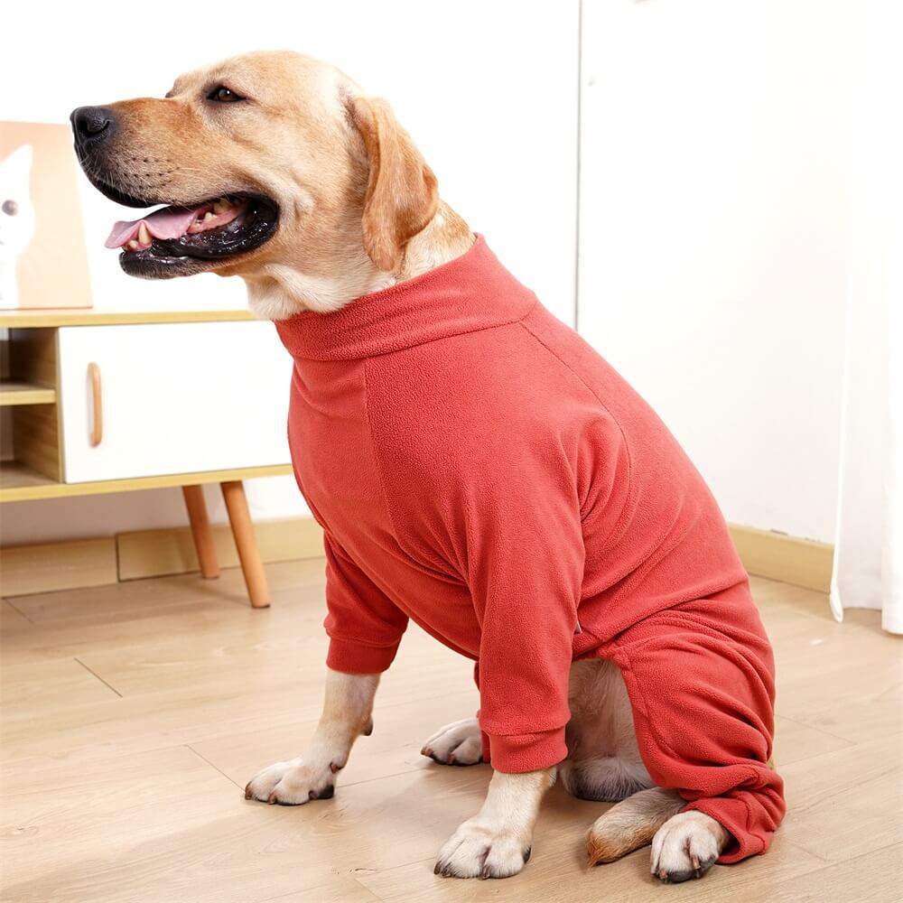 Happy dog in striped fleece pajamas, adorable and cozy pet sleepwear for big dogs