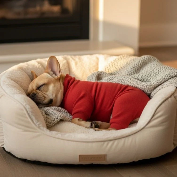 Close-up of soft fleece fabric on dog pajamas, warm and cozy material for pets
