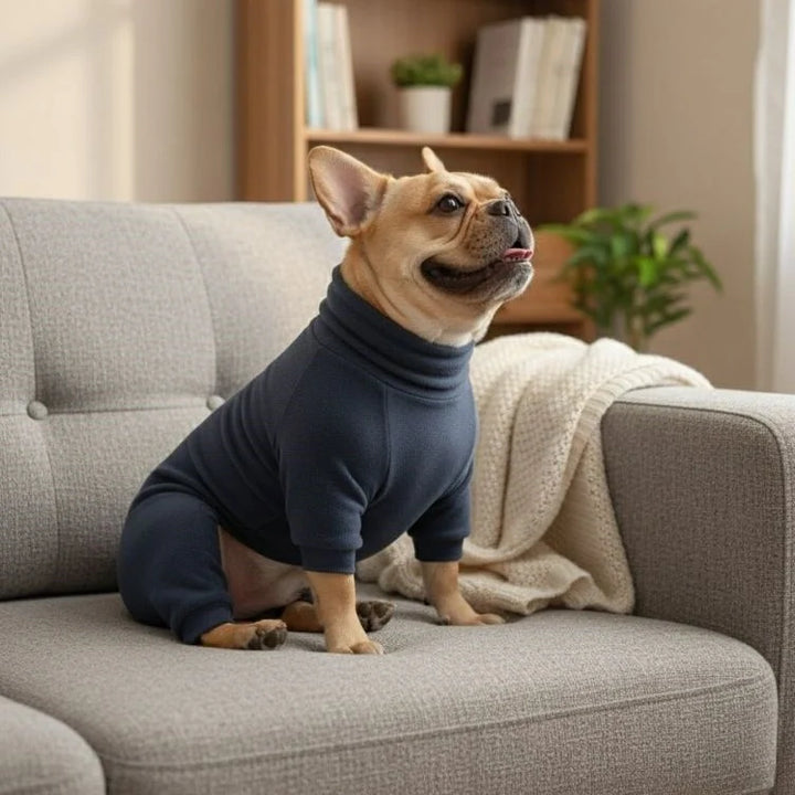 Large dog stretching in purple fleece pajamas, comfortable pet sleepwear for movement