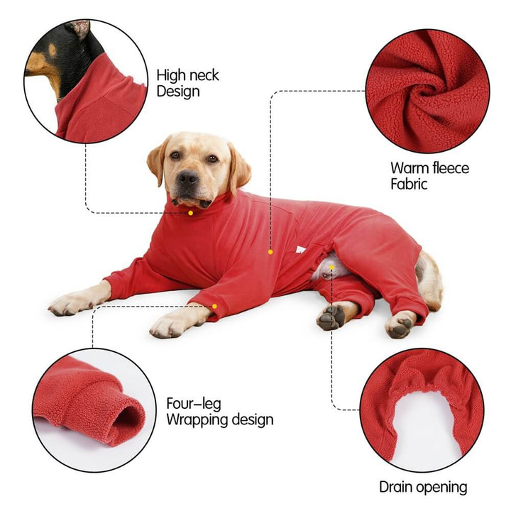 Front view of large dog modeling plaid fleece pajamas, stylish pet sleepwear