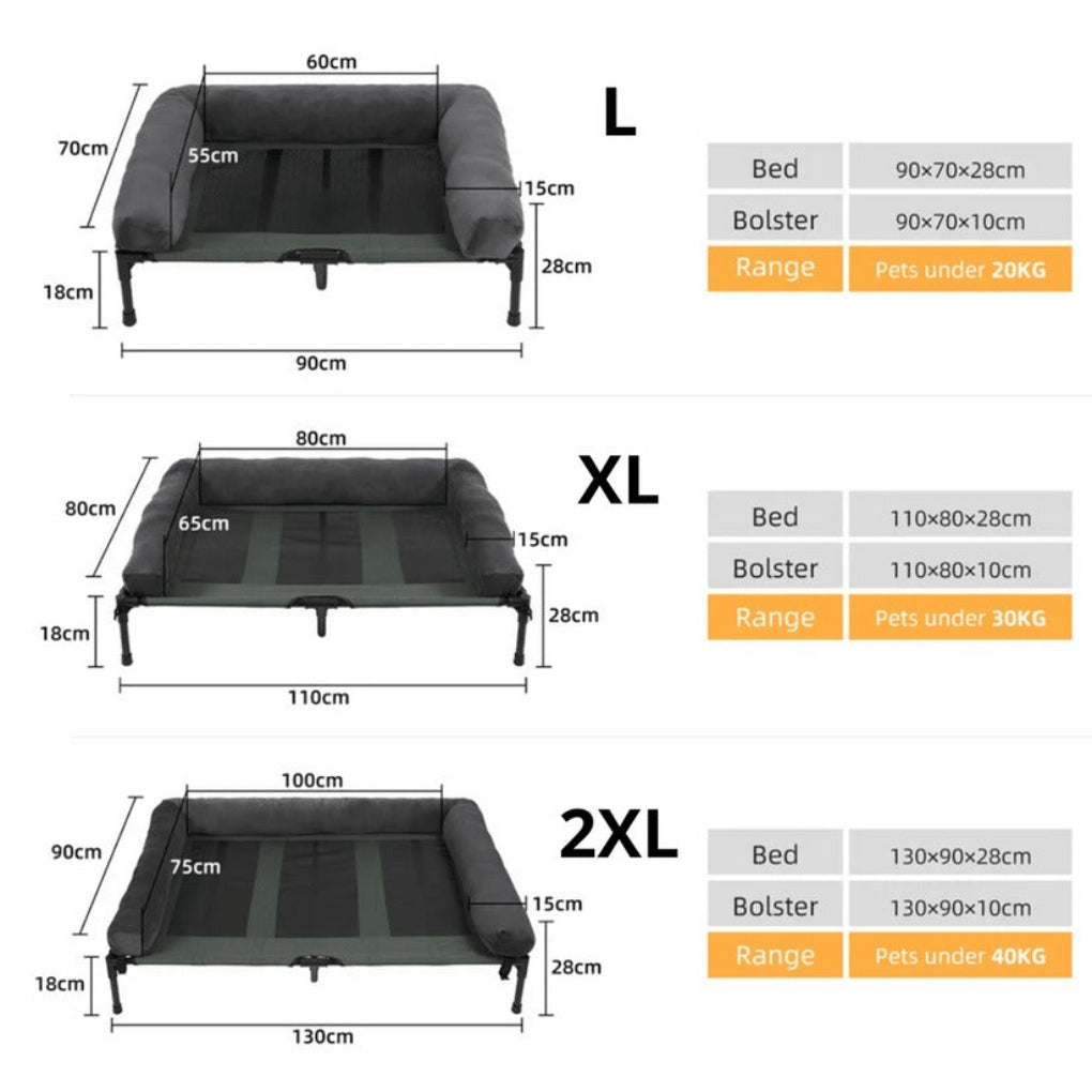 Washable cover on a large elevated bolster dog bed, designed for outdoor use too.