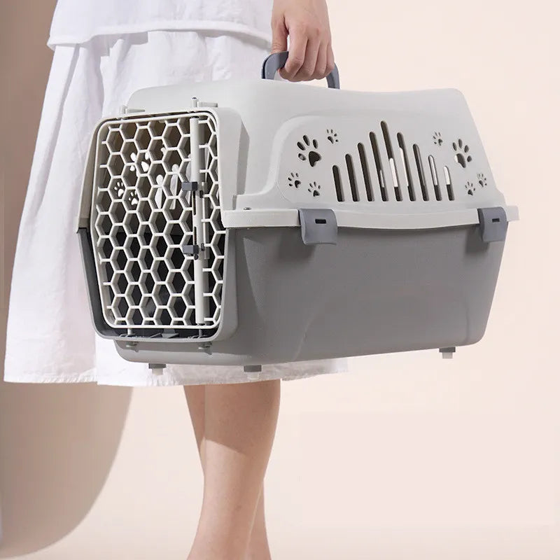 Large IATA compliant pet carrier for dog or cat travel, foldable design, gray finish.