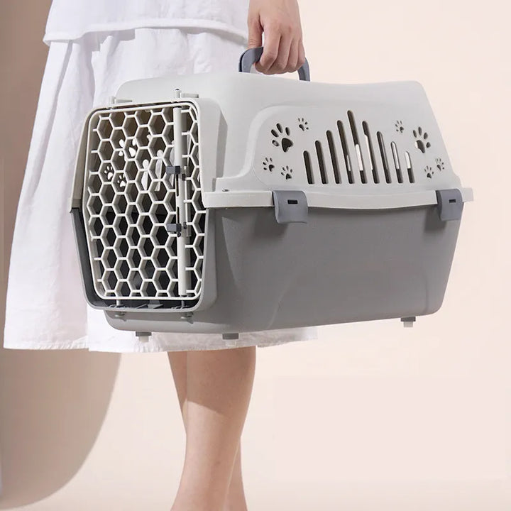 Large IATA compliant pet carrier for dog or cat travel, foldable design, gray finish.