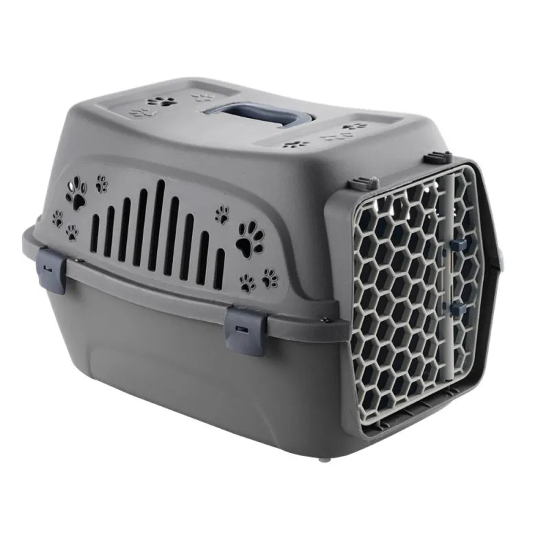 Portable pet travel crate L in gray, IATA approved for dogs and cats, comfort features.