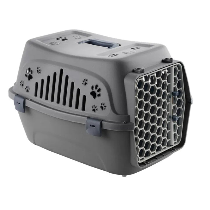 Portable pet travel crate L in gray, IATA approved for dogs and cats, comfort features.