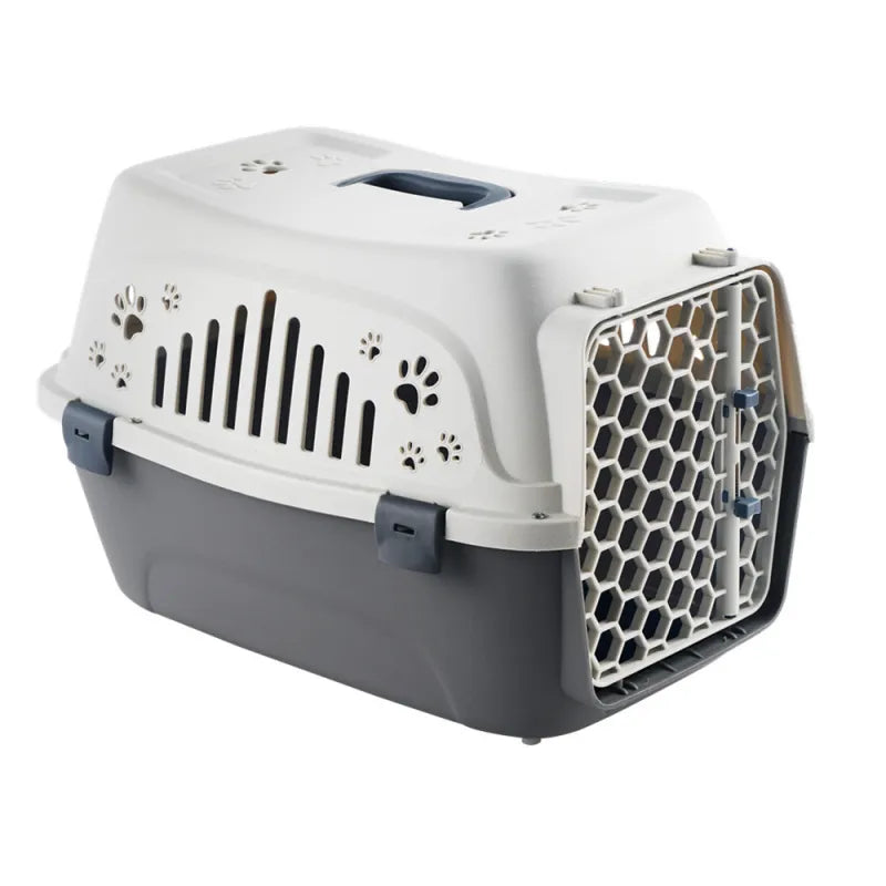 Foldable gray pet carrier L, IATA approved for safe dog and cat travel, portable design.