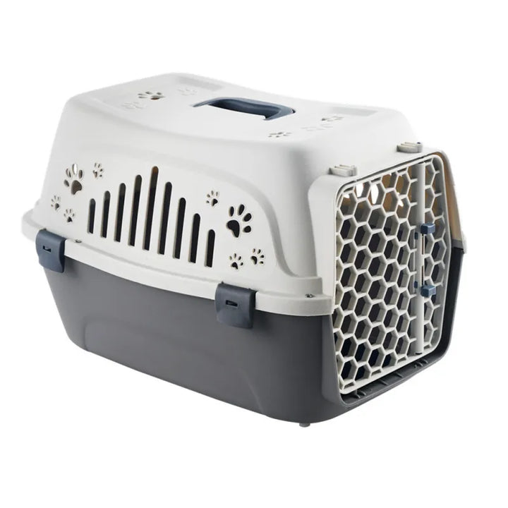 Foldable gray pet carrier L, IATA approved for safe dog and cat travel, portable design.