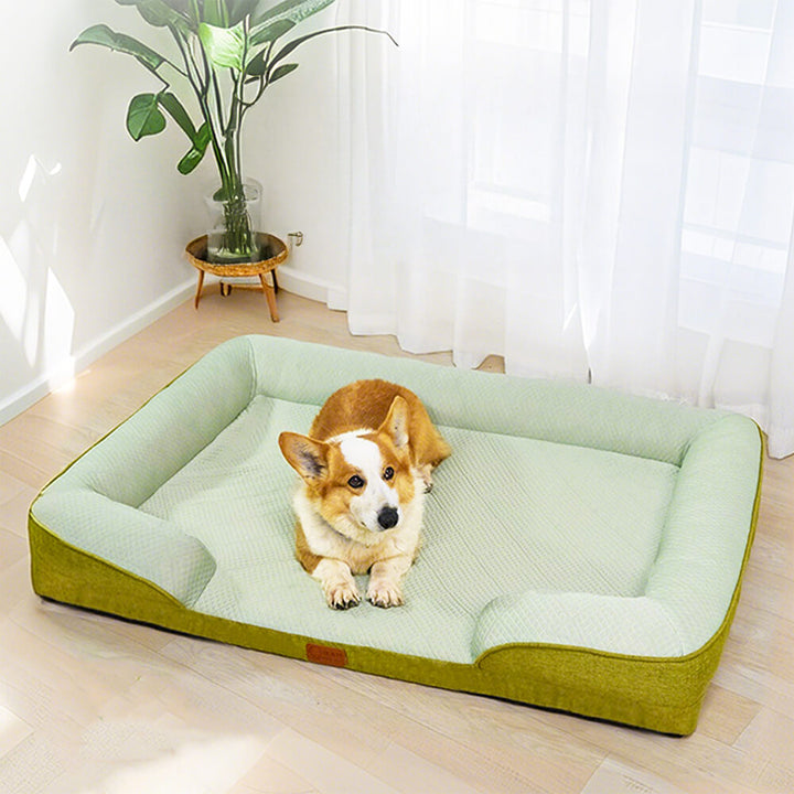 Large orthopedic cooling dog bed with soft bolsters, ideal for pet comfort and joint support.