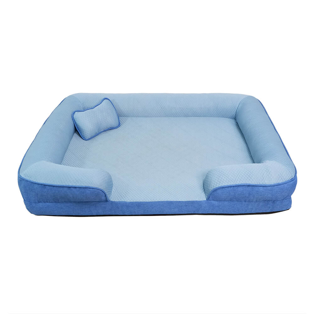 Large orthopedic dog bed with supportive bolsters and a cooling surface; durable pet furniture.