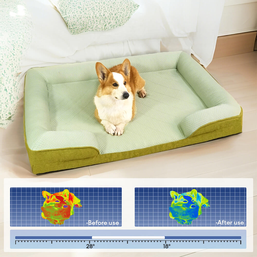Washable large dog bed featuring orthopedic memory foam and integrated cooling technology.