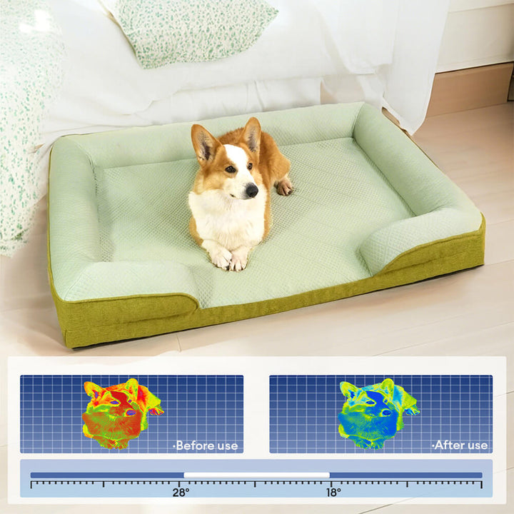 Washable large dog bed featuring orthopedic memory foam and integrated cooling technology.