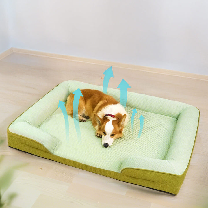 Large dog bed in a living room setting, showcasing its orthopedic support and cooling properties.