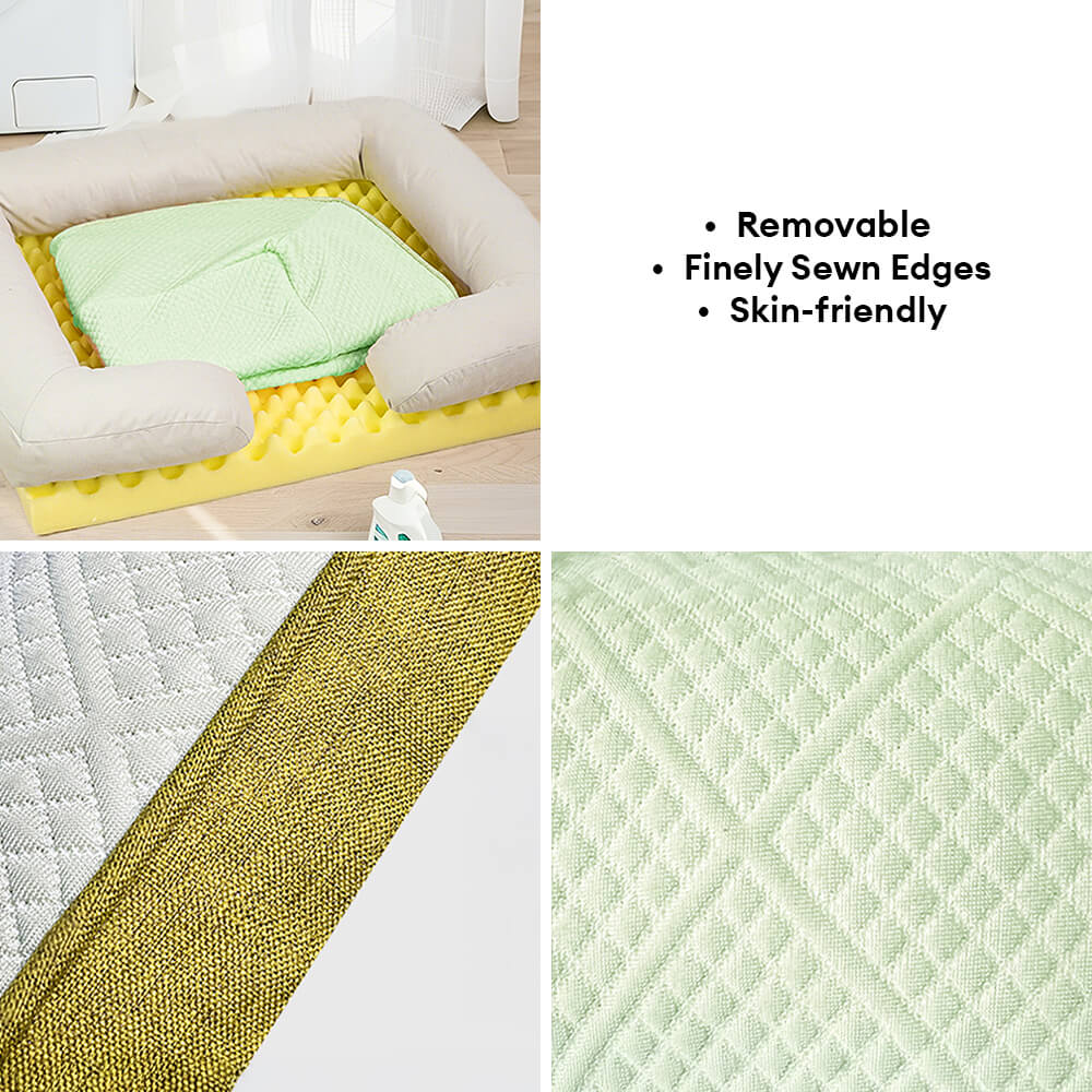 Orthopedic dog bed with bolsters, designed for large breeds; provides cooling comfort.