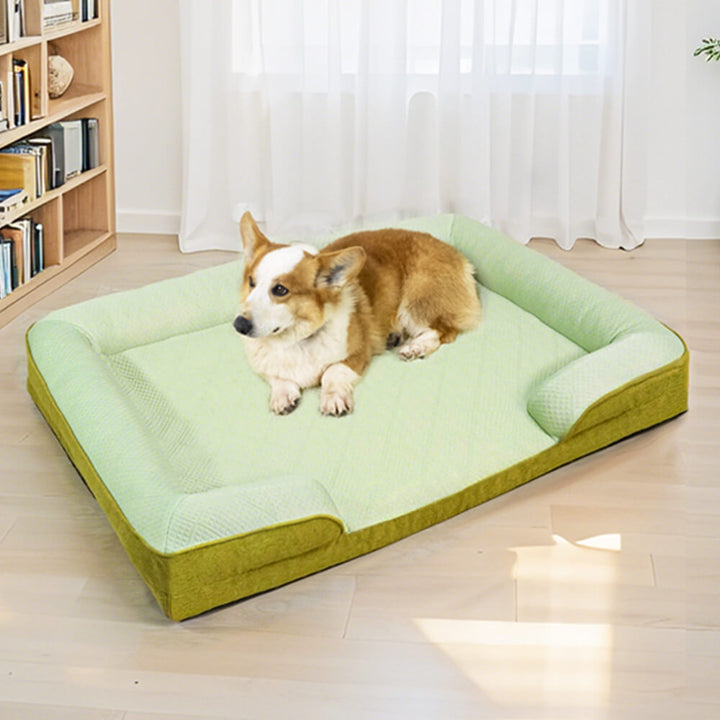 Ergonomic large dog bed: orthopedic design with cooling gel and plush bolsters for pets.