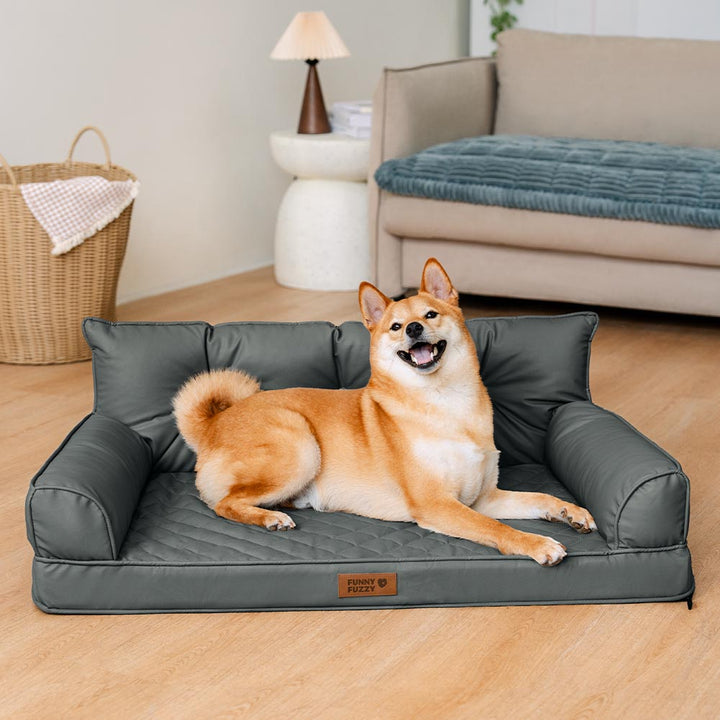 Large brown orthopedic dog bed, foldable design, ensures pet comfort and spinal support