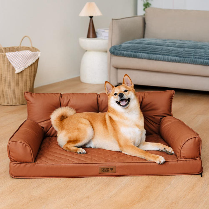 Pet lounge dog bed, large, faux leather, orthopedic, waterproof, and easily foldable