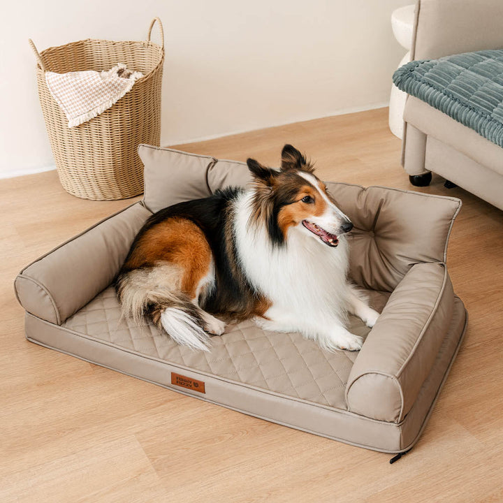 Orthopedic folding dog bed, large size, brown faux leather, offers ultimate pet comfort