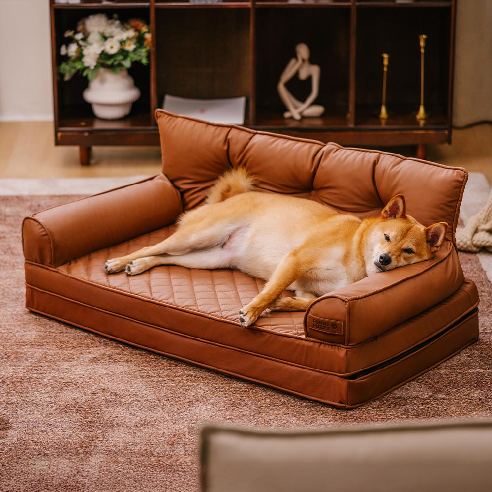 Large dog bed, orthopedic, foldable, brown faux leather, a comfortable pet lounge