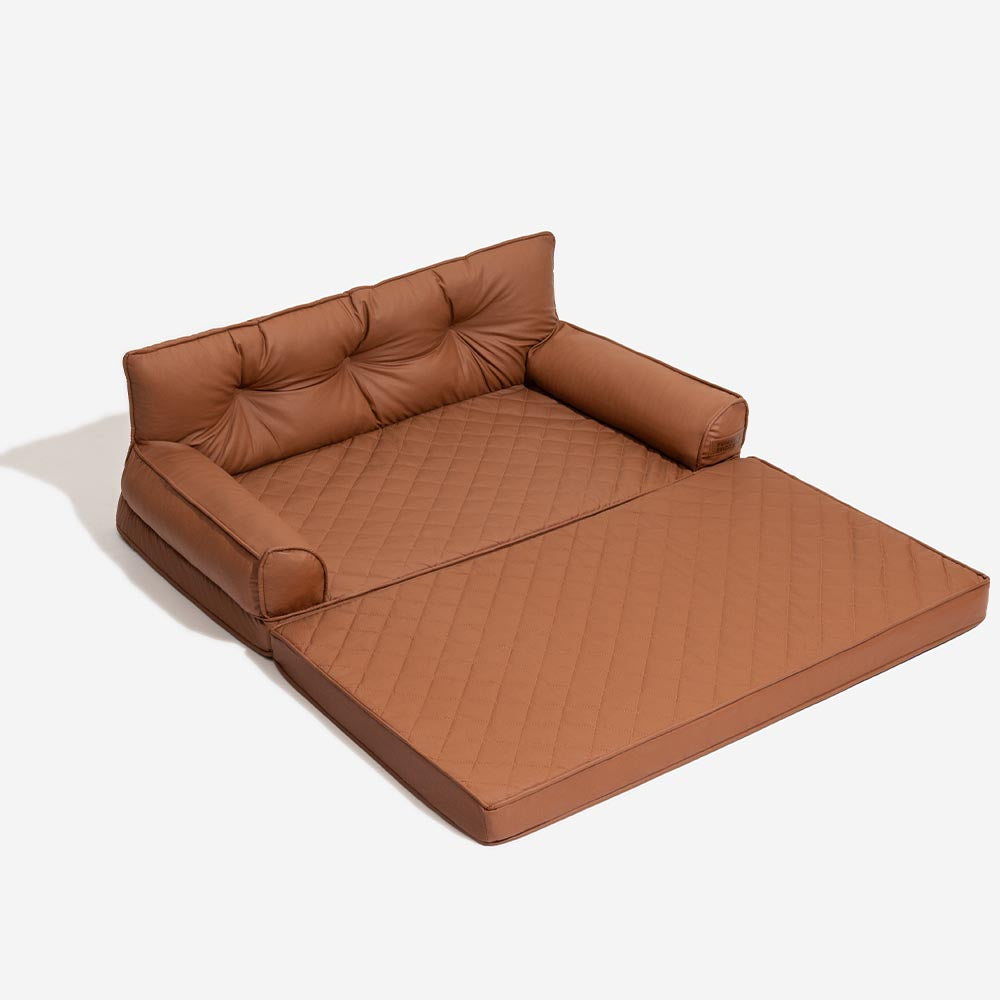Brown faux leather large orthopedic dog bed, foldable design, ensures comfort and easy cleaning